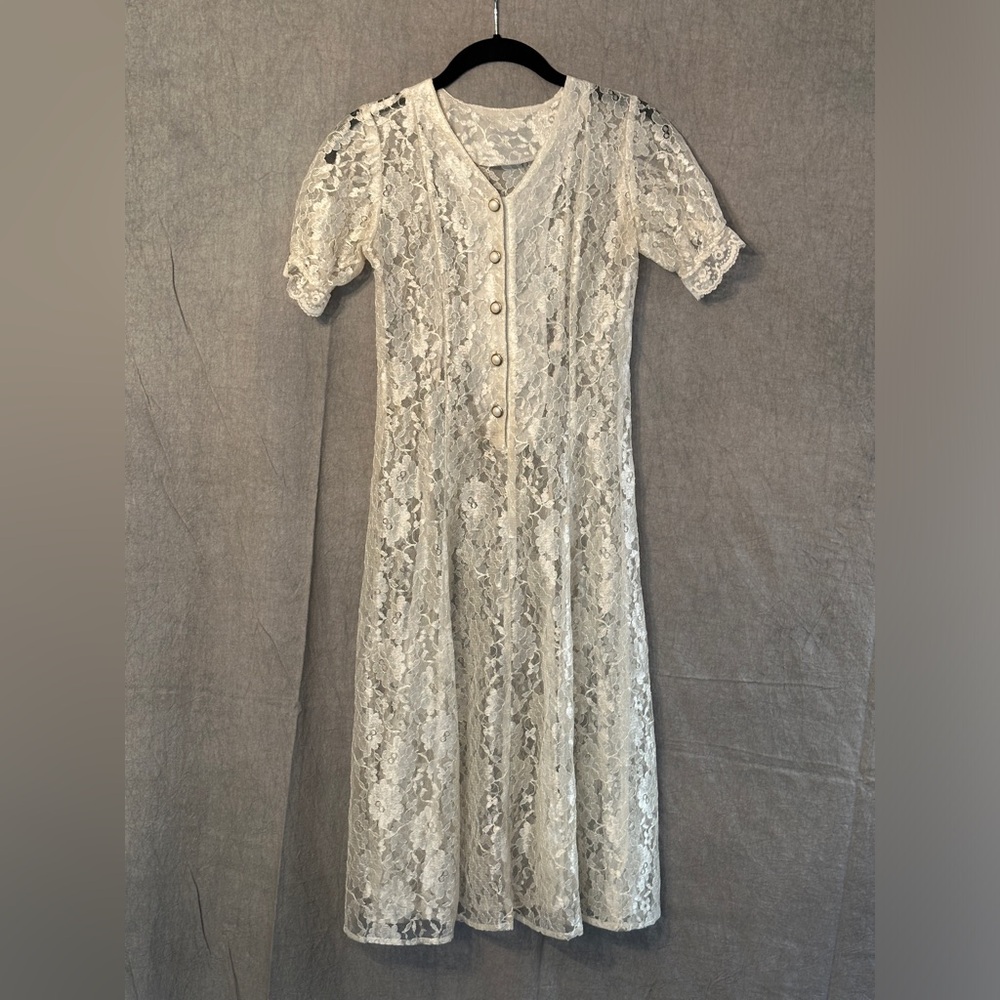 Off-White Sheer Lace Front Button Dress